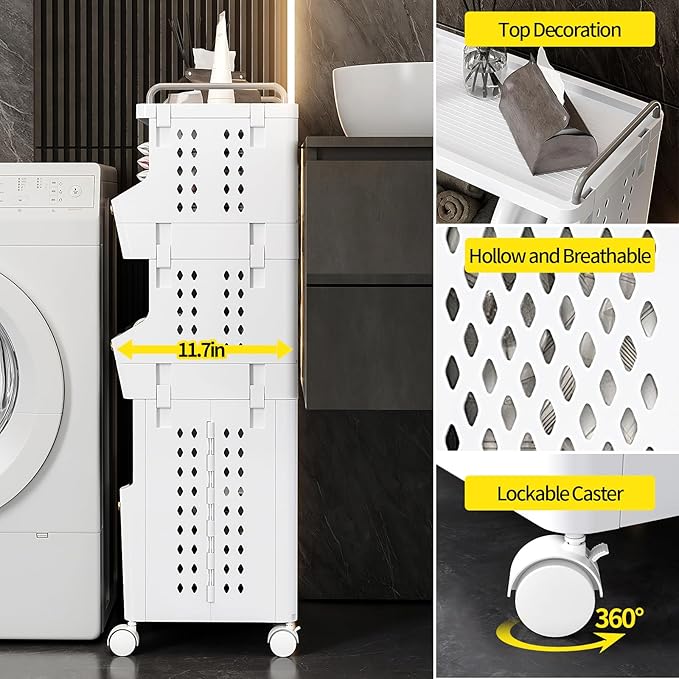 Laundry Basket with Wheels,Rolling Folding Laundry Hamper,Utility cart,Kitchen Storage Cart,Stackable Storage Bins Open Front,Dirty Clothes Hamper,Plastic Laundry Room Organization