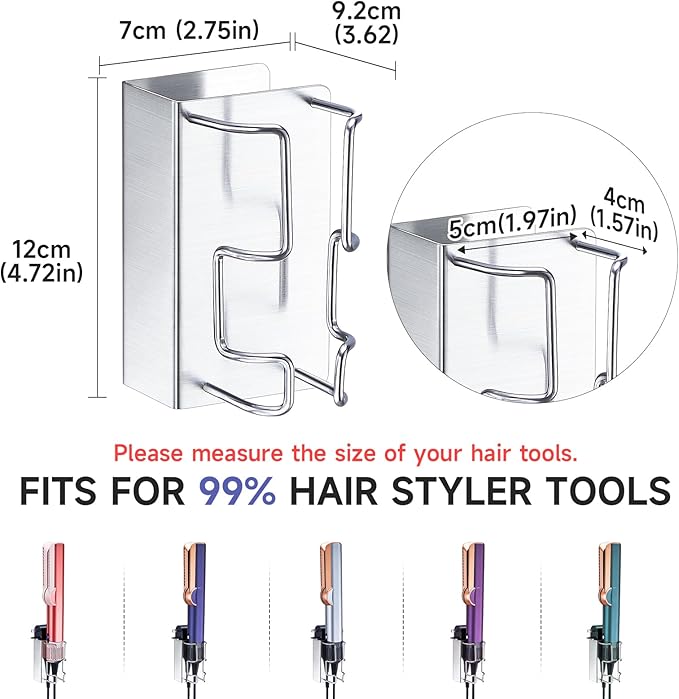 Hair Straightener Holder Wall Mounted, Hair Tool Organizer Stainless Steel, Adhesive Flat Iron Holder, Straighteners Holder for Bathroom Barber Shops Vanity (Silver)