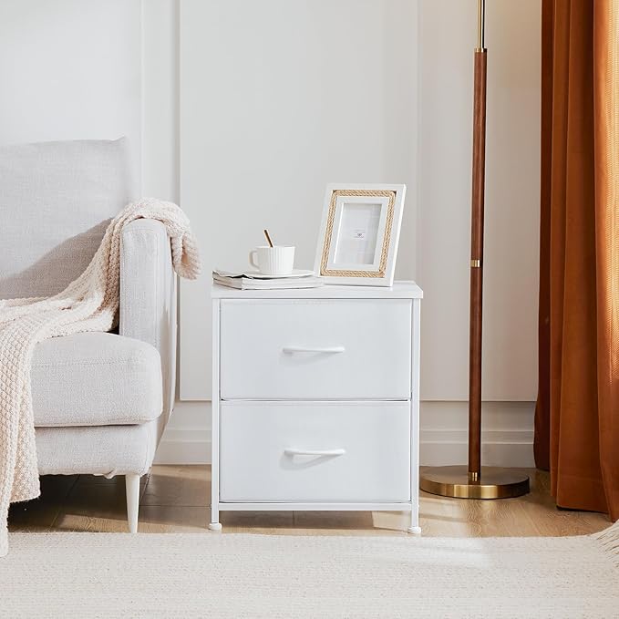 DUMOS Nightstand Small Dresser with 2 Fabric Drawers Side Tables Bedroom End Table Kids Bedside Storage Furniture for 20 inch Tall Night Stand for Closet, Entryway, College Dorm, White(2 Pack)