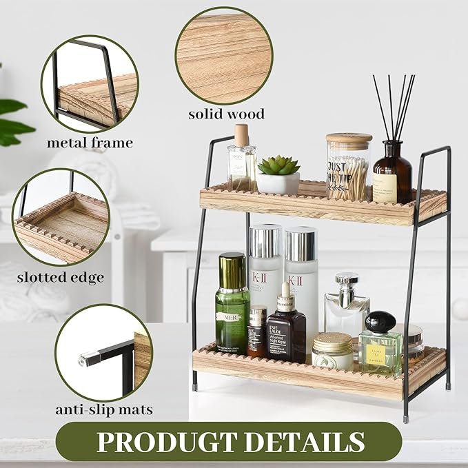 2 Tier Bathroom Countertop Organizer, Wood Bathroom Organizers and Storage, Slotted Edge Counter Shelf for Storage, Farmhouse Countertop Organizer for Bathroom, Kitchen, Coffee