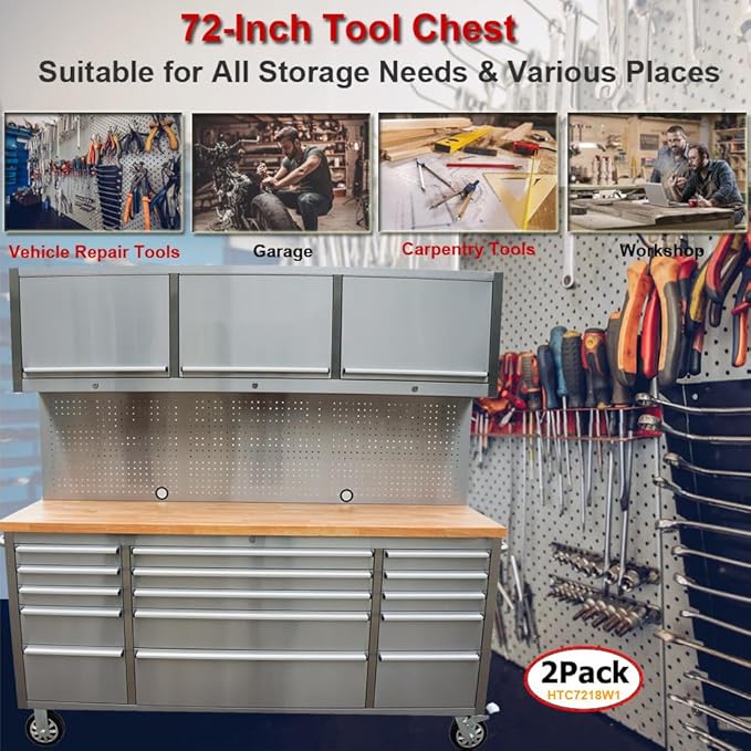 2 Pack - 72" Stainless Steel Rolling Tool Chest with 15 Drawers + 3 Upper Cabinets, Assembled Tool Box, Large Mobile Workbench, Lockable Storage Cabinet with Wheels for Garage Workshop (2 × HTC7218W1)