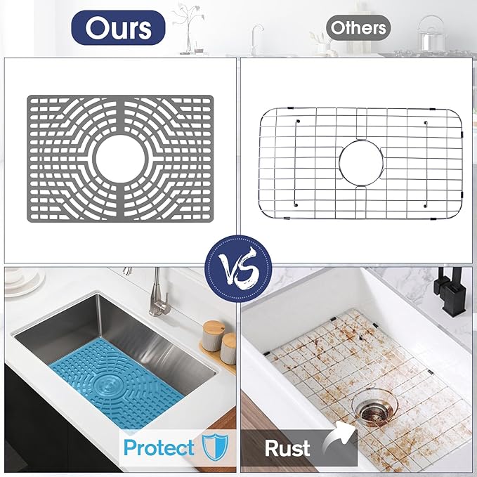 Silicone Sink Protector 19"x13" Center Drain Hole, Heat Resistant Non-slip Dishwasher Suitable, Sink Mat for Bottom of Farmhouse Kitchen Stainless Steel Sinks(Grey)