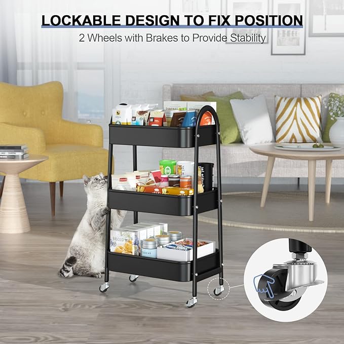 EAGMAK 3 Tier Utility Rolling Cart, Metal Storage Cart with Handle and Lockable Wheels, Multifunctional Storage Organizer Trolley with Mesh Baskets for Kitchen, Living Room, Office, Garage (Black)