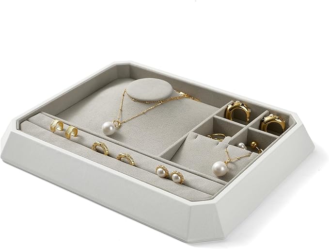 PU Leather Multifunctional Jewelry Display Tray Stackable Jewelry Organizer Tray for Accessory Trade showcase(Grey)