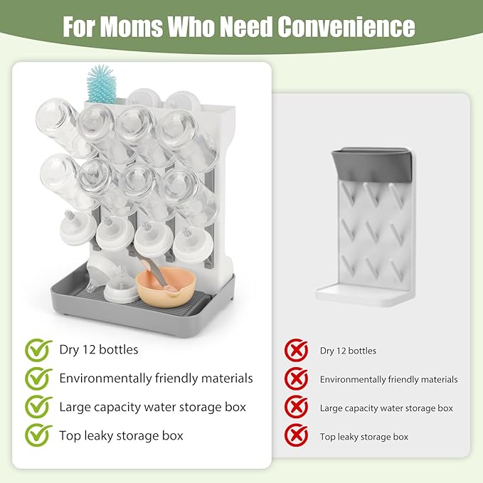 Baby Bottle Drying Rack, Space Saving Baby Bottle Organizer for Countertop, Vertical Bottle Dryer Holder with Brushes Holder, Large Bottle Storage Holder 12 Bottles & Baby Accessories Grey