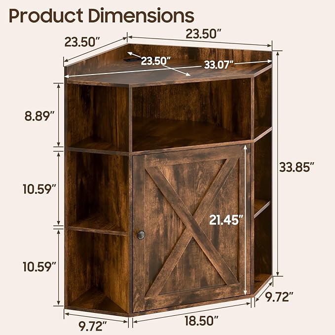 Corner Storage Cabinet, Farmhouse Corner Bookshelf with Storage 6-Cubby Wooden Cabinet with USB Ports and Outlets Industrial Organizer for Small Space, Study, Playroom, Living Room