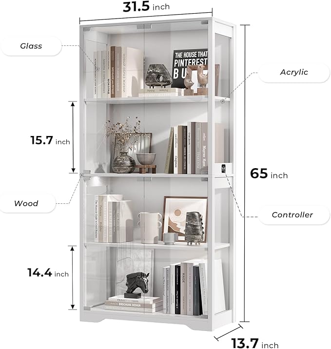 Display Cabinet with Glass Doors, 4-Tier Curio Cabinet with 3 Color Lights for Collectibles, Glass Display Case with Human Body Sensor, Bookcase with 4 Shelves, Storage Cabinets, White