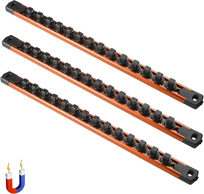 ALOANES 3-Piece Magnetic Socket Organizer, Heavy Duty Aluminum Socket Rails Organizer, 360° Swivel Clips Socket Holder Kit for Tool Box, 3/8-Inch Socket Holder x 42 Clips (Orange)