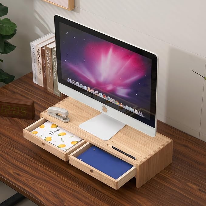 KIRIGEN Wood Monitor Stand with 2 Drawers - Computer Arm Riser Desk Storage Organizer,Speaker TV Laptop Printer Stand with Pen Slot and Cable Management,2-Tier Desktop Shelf NA-2PMJ