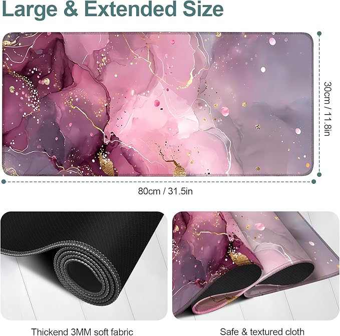 Pink Gaming Mouse Pad 31.5"x11.8"Desk Mat Anti-Slip Rubber Base & Durable Stitched Edges for Gamers Smooth Mouse Writing Surface for Desk Office/Home