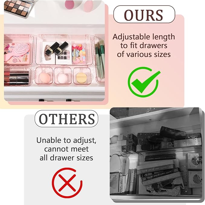 14 Pcs Adjustable Clear Drawer Organizer, Extendable Vanity Storage Bins, Desk Drawer Organizer Set for Makeup, Cosmetics, Bedroom, and Gadgets, Pink