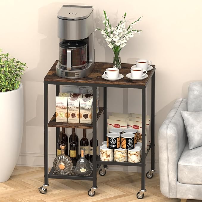 Kitchen Microwave Cart,Microwave Stand with Wheels,Coffee Bar Table Station,4-Tier Rolling Baker's Rack,Small Appliance Storage Shelf,Utility Side Table for Kitchen,Living Room (Rustic Brown)