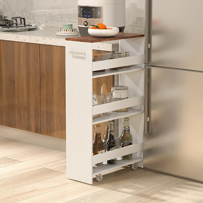 LOKO 4-Tier Rolling Storage Cart, 8 Inches Slim Kitchen Cart on Wheels with Open Shelves & Handle, Laundry Room Cart Between Washer and Dryer, for Bathroom Next to Fridge (White & Rustic Brown)