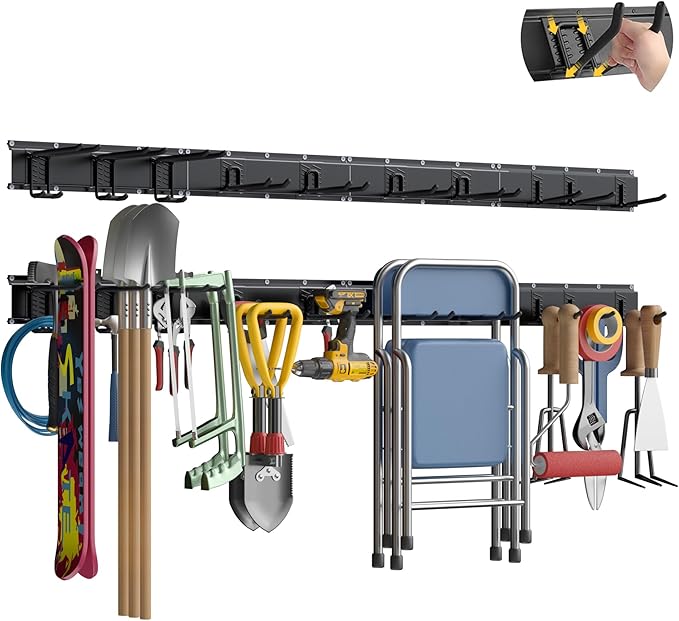 Garage Tool Organizer Wall Mount with 64 inches Rails and 10 Adjustable Heavy-Duty Hooks, Garden Tool Organizer, 14 Pack Carries 630 lbs, Heavy Duty Garage Storage Rack For Yard, Shed, Easy to install