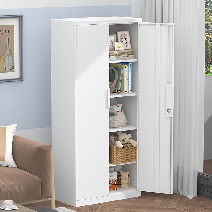 Metal Locking Cabinet, 71" H Metal Garage Cabinets with Adjustable Shelves, Heavy Duty Tall Cabinet for School/Office/Home, Large Storage Cabinet with Doors and Keys, White