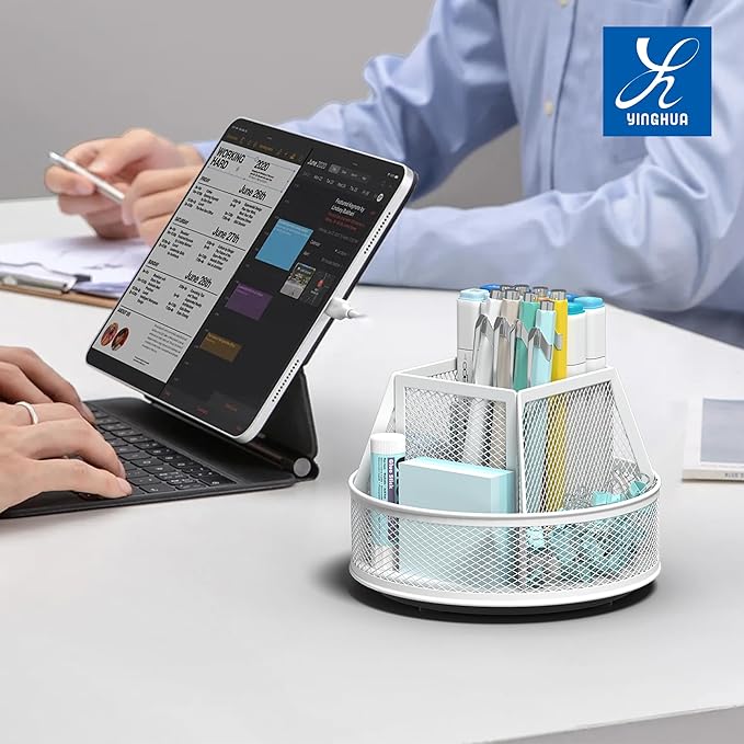 YINGHUA Metal Mesh Desk Organizer with 5 Compartments and Rotating Pencil Holder Pen and Stationery Organizer for Office Home School Anti Slip Base White