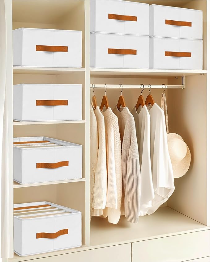 Clothes Organizers and Storage - 4/5/7 Grids Fabric Jeans Organizer with Handles, Foldable Closet Organizers Dividers, Wardrobe organizer for Pant, Sweater, T-shirt, Scarf, 6 Pack, White