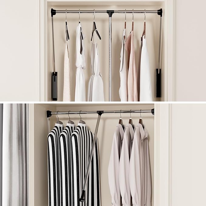 Pull Down Closet Rod, 33 lbs Load Capacity Stainless Steel Clothes Hanging Rod, Adjustable 33-45 Inch Soft-Close Wardrobe Lift Rail Organizer for Bedroom Laundry Room