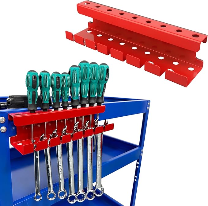MUTUACTOR Magnetic Wrench Holder Heavy Duty,Anti-scratch Magnetic Mount Screwdriver Holders, 2 Layers Wrench Screw Drivers Holder for Work Bench Toolbox Tool Cart,1PCS,Red,9 Holes and 7 Slots