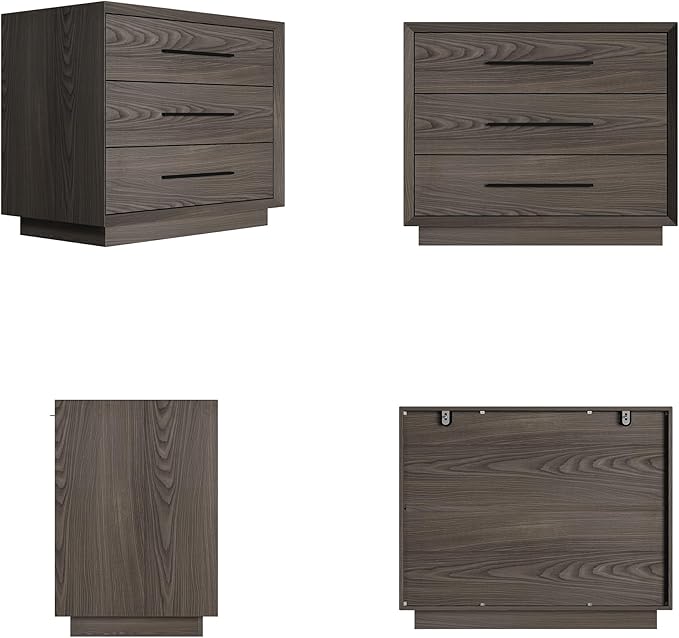 Bedside Table with 3 Drawers, Modern Side Table, Small Nightstand, Wooden Bed Side Tables, Wood Grain Floor Storage Organizer with Metal Handles for Sofa Couch Bedroom, Dark Brown