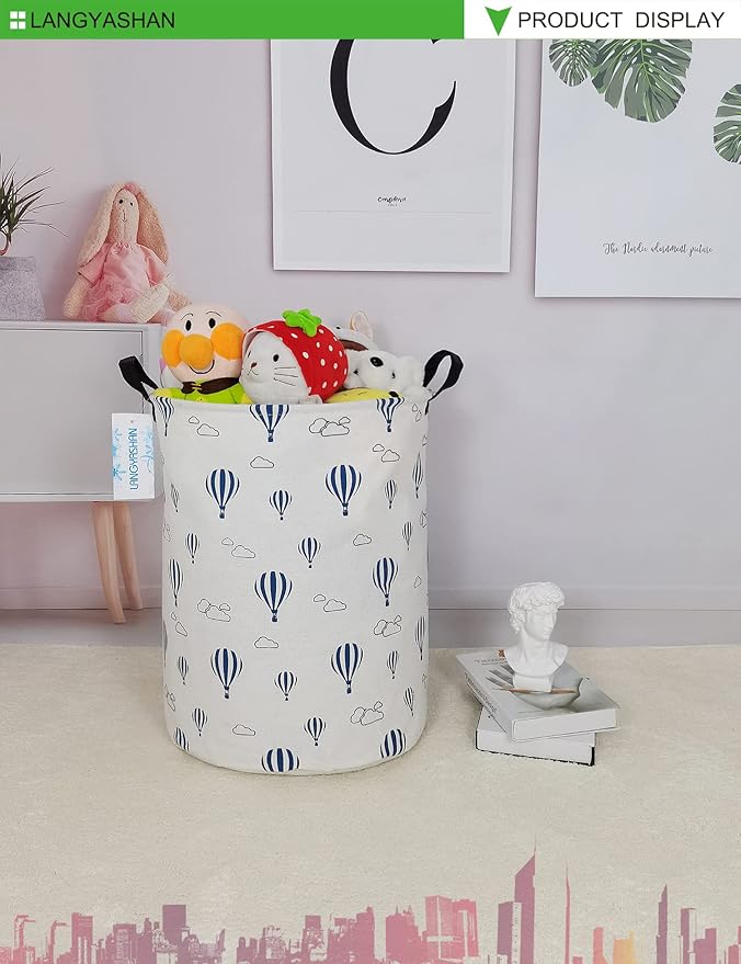 LANGYASHAN Laundry Basket Canvas Fabric Collapsible Organizer Basket for Storage Bin Toy Bins Gift Baskets Bedroom Clothes Children Nursery Hamper (Round Blue Balloon)