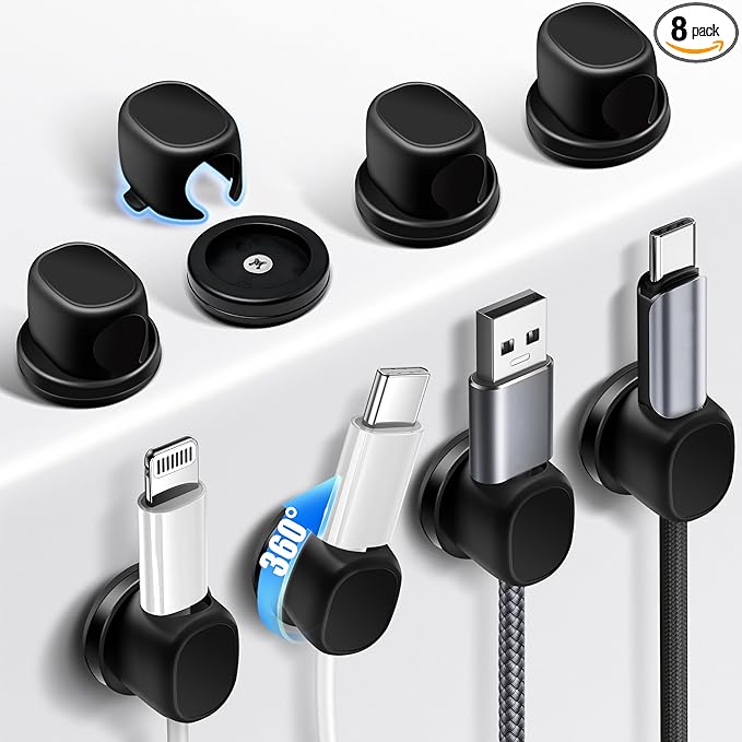 8 Pack Cord Organizer, Ω-Shaped Rotatable Cable Clips, Strong Adhesive Cable Management with Nails, Cord Holder for Nightstand, Desk, and Wall (Black)