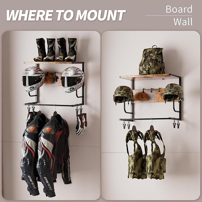 Motorcycle Helmet Holder Wall Mounted, Helmet Rack Wall Mount with Helmet Rack, 4 Glove Chips and 4 hooks, Rustic Helmets Holder and Motorcycle Helmets Racks for Most of Helmet and Clothes