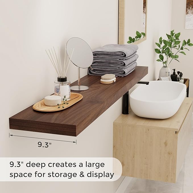 Floating Shelves 48 Inch Long, 48"W x 9.3"D Wall Shelf Invisible Bracket, 9.3 Inch Deep Floating Shelf for Wall, Rustic Wooden Shelves for Living Room, Kitchem, Bedroom, Walnut Color, Set of 1