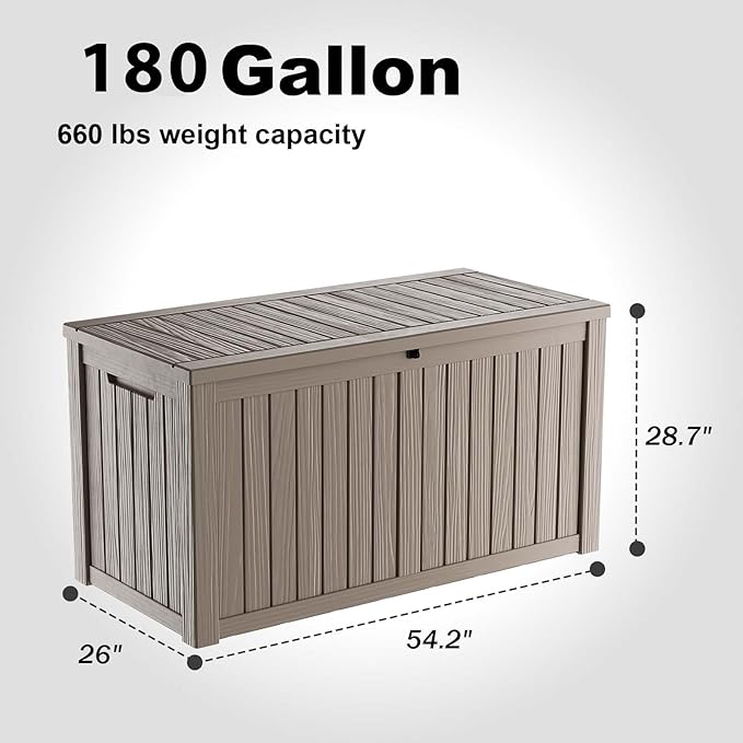EasyUp 180 Gallon Outdoor Deck Box Waterproof, UV Resistant Resin Outdoor Storage Box with Hydraulic Rod for Delivery, Porch, Patio and Garden, Gray
