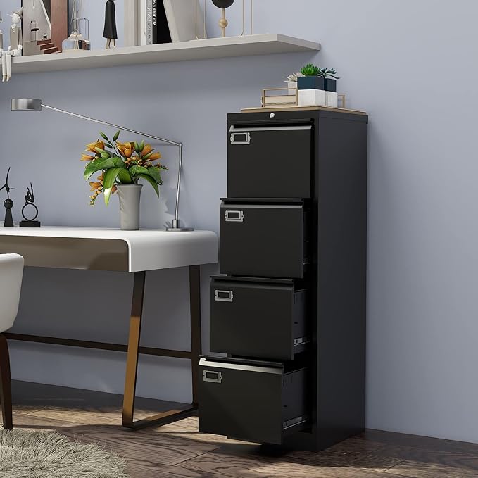 4 Drawer File Cabinet, Vertical Filing Cabinets with Lock, Metal File Cabinets for Home Office, Anti-Tip 4 Storage Drawers for Letter/Legal/A4/F4 Size (Assemble Required, Black)
