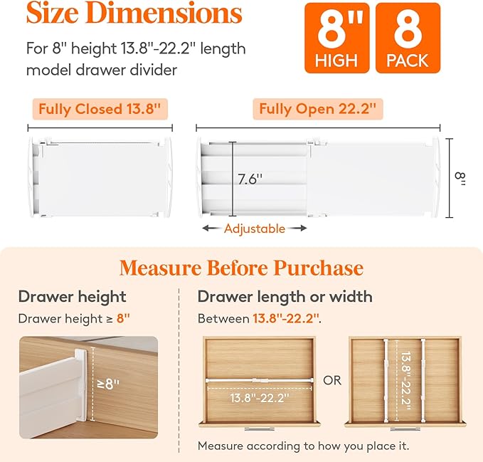 Lifewit 8" High 8 Pack Deep Drawer Dividers, 13.8-22.5" Adjustable Dresser Drawer Divider, White Drawer Organizer for Clothes, Tall Drawers Separators for Dresser, Kitchen, Bedroom, Cabinet, Office