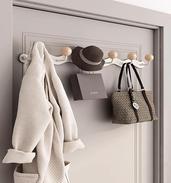 Coat Rack Wall Mounted,White Coat Hooks Adhesive & Screw in,Anti-Tear Wooden Ball Hook Rail, Heavy Duty Metal Coat Hangers for Entryway, Bathroom, Bedroom, Kitchen 2PACK (4-tri Hooks)