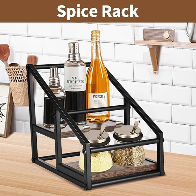 Coffee Syrup Rack Organizer,Liquor Bottle Display Shelf,2-Tier 4 Bottle Stand for Coffee Bar, Kitchen Station, Liquor, Wine, Dressing,Rustic Brown
