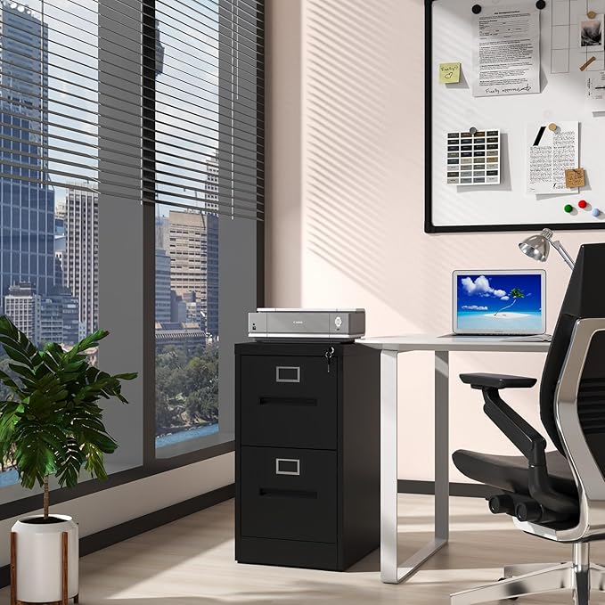 2 Drawer File Cabinets with Lock, Black Vertical Filing Cabinet for Home Office, Heavy Duty Metal Storage Cabinets Office Steel Cabinet for Letter Legal Size Files, Assembly Required