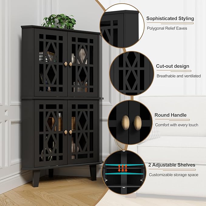 Scurrty Tall Corner Shelf Stand, Large Shelf Corner Table Sideboard Cabinet with 4 Doors and 4-Tier Shelves, Free-Standing Storage Organizer for Living Room, Dining Room & Bathroom (Black)