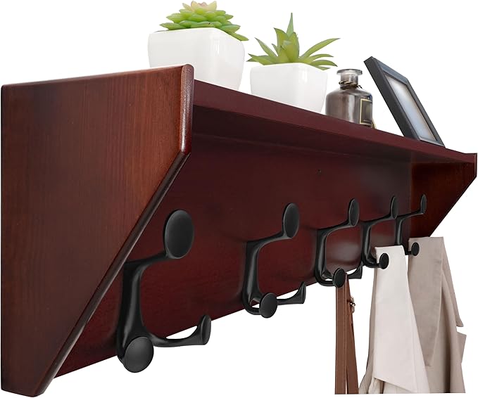 WEBI Wall Shelf with Hooks Underneath,35” Long Wall Mounted Coat Rack with Shelf,Entryway Coat Rack with 5 Triple Hooks for Hanging Coats,Jacket,Hallway,Bedroom,Mudroom,Cherry