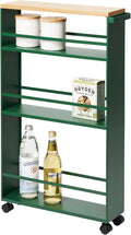 YAMAZAKI Home Slim Rolling Storage Cart – Narrow Kitchen Storage Cabinet with Handle, Slim Storage Cart with Wheels, Easy Assembly, Steel + Wood, Green