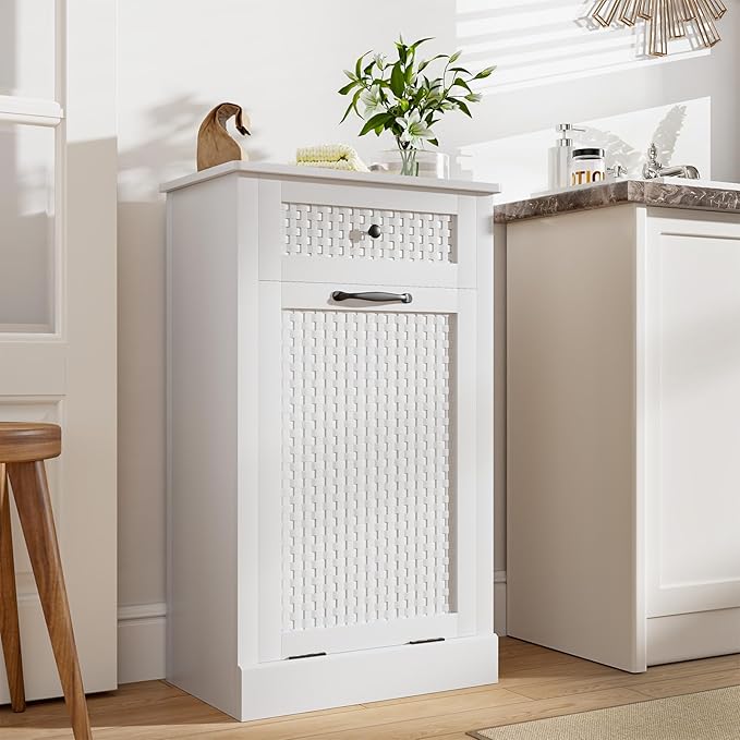 Tilt Out Laundry Hamper Cabinet,10 Gallon Laundry Cabinet with Drawers ＆ Hidden Baskets, Farmhouse Laundry Storage Basket for Laundry Room, Bathroom, Kitchen, White