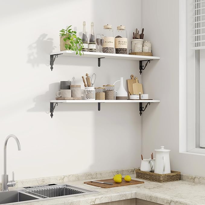Fun Memories 36 Inches Floating Shelves, Rustic Long Wall Shelves, 8 Inch Deep Book Shelf Wall Mounted with Bracket, Wide Display & Storage Shelves for Living Room, Bathroom, Bedroom, White, Set of 2