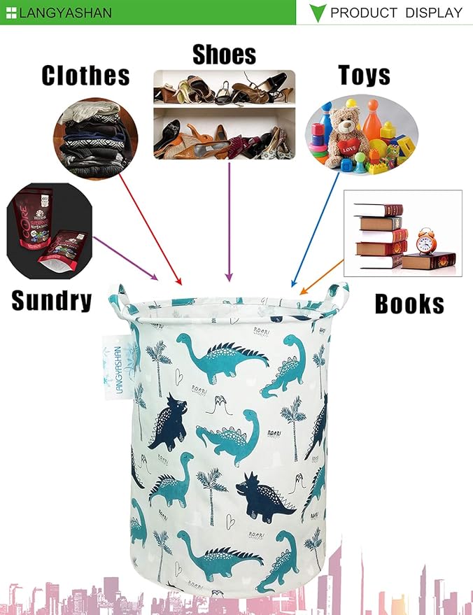 LANGYASHAN Laundry Basket Canvas Fabric Collapsible Organizer Basket for Storage Bin Toy Bins Gift Baskets Bedroom Clothes Children Nursery Hamper (Full dinosaur)