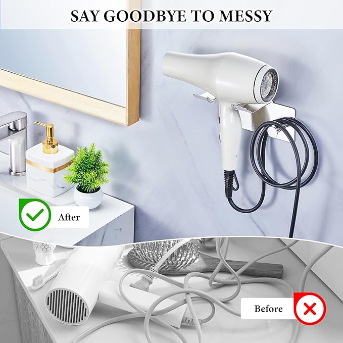 Hair Dryer Holder Wall Mount, Blow Dryer Holder for Wall, Adhesive Hairdryer Holder, Stainless Steel Blowdryer Holder, Bathroom Hair Tool Organizer, Hair Dryer Hanger Hook with Cord Storage (Silver)