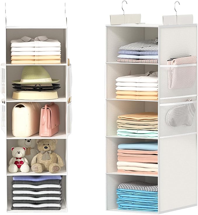 Extra Deep Hanging Closet Organizers and Storage, 5-Tier Closet Hanging Organizer with 4 Mesh Pockets, Heavy-Duty Closet Shelves for Clothes and Hats, Ideal for Dorms and RVs, 1-Pack, White
