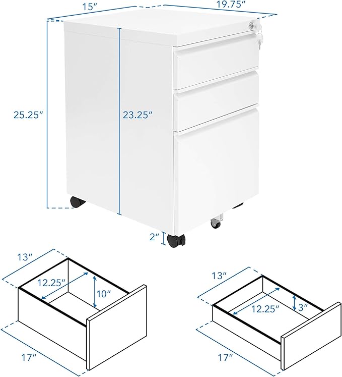 Mount-It! 3 Drawer Cabinet for Under Desk with Wheels | Rolling Storage with Lock for Supplies, Files, and Materials, Mobile Space Saving for Home and Office (White)