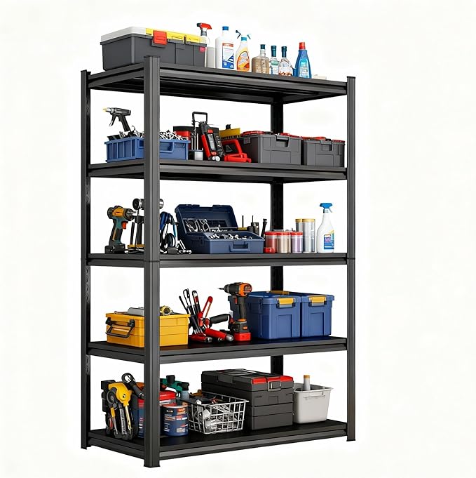 Storage Shelves, Garage Metal Shelving Unit, Adjustable, Double-Layer Column with Reinforced Ribs, Heavy-Duty, Capable of Bearing 600-3600 lbs (Balck, 63 * 39 * 20, 5-Tier)
