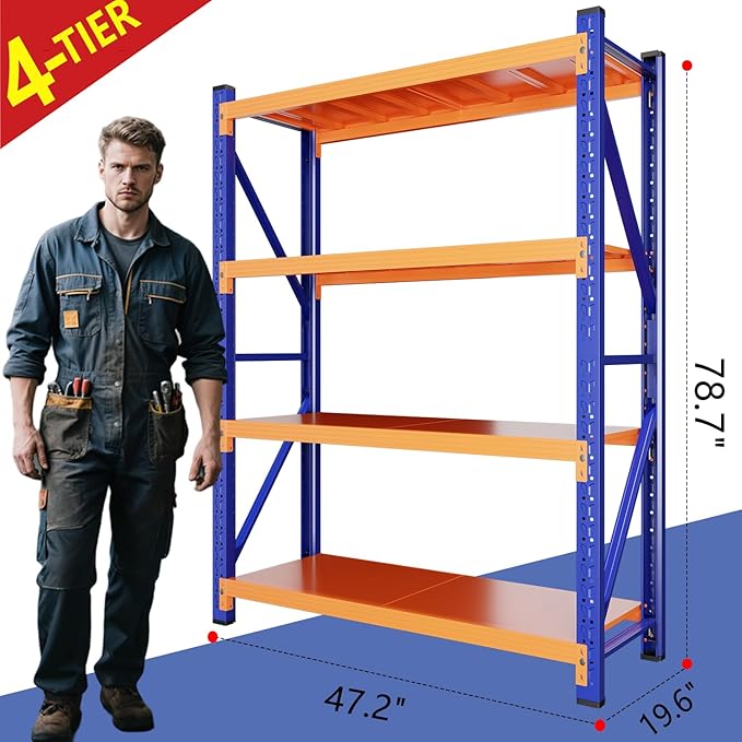 79" H Garage Shelving,3500LBS Heavy Duty Storage Rack,4 Tiers Metal Storage Rack Shelf, Adjustable Shelving Unit for Garage,Kitchen,Warehouse,Basement,78.7" H x 47.2" W x 19.6" D,Blue&Orange