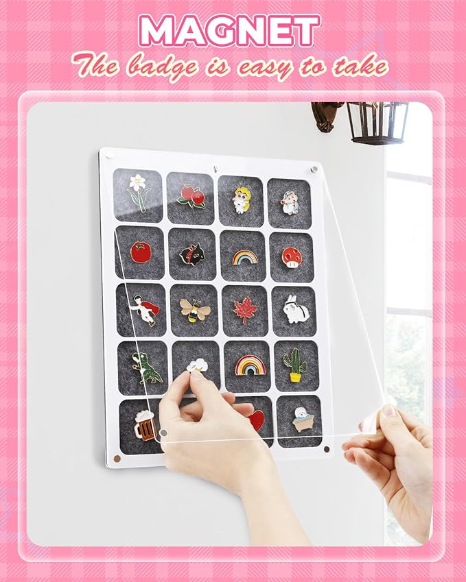 UCEC 20 Grids Clear Acrylic Pin Display Board & 50 PCS Rubber Pin Backs, Pins Organizer Board Enamel Pin Board Display Case, Dust-Free Pin Collection Display, Tabletop & Wall Pin Holder Display