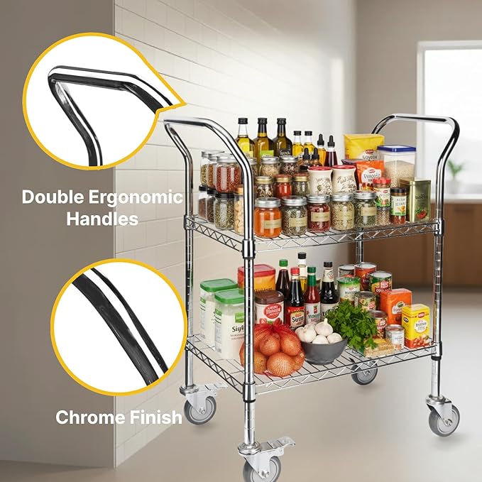 Northsky 2-Shelf Wire Utility Cart on Wheels, Chrome Finish Rolling Metal Shelving with Wheels, 550lb Capacity, 24" x 18" x 38", 2 Tier Rolling Cart for Kitchen Bar Storage Use