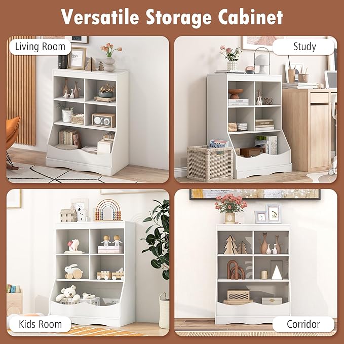 Storage Organizer, Small Bookcase w/ 4 Open Cubes & 1 Bottom Compartment, Anti-Tipping Device, Foot Pads, Low Cube Bookshelf for Bedroom, Living Room, Playroom, Study, Small Spaces (White)