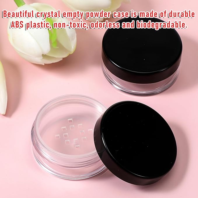 2 PCS 10ml/0.34oz Plastic Empty Travel Small Loose Powder Compact with Rotatable Sifter and Leakproof Screw Lid, Refillable Loose Powder Containers Reusable No Leak Compact, Black