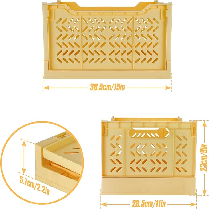 Domiella 2-Pack Crates for Storage, Storage Crates Plastic Stackable, Foldable Crate for Office Home Kitchen Bedroom Bathroom (Tall, Yellow)